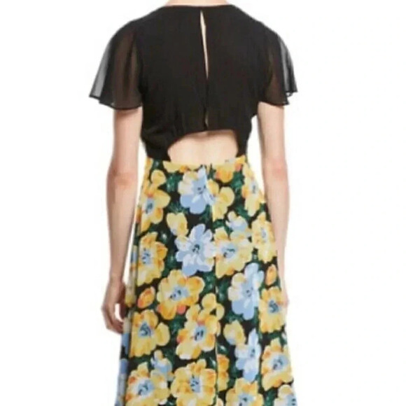 Club Monaco Size 4 Black Yellow Coran Floral Flutter-Sleeve Midi Dress NEW! - Picture 4 of 11